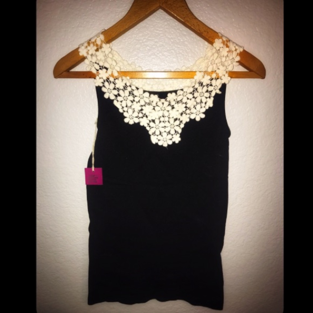 Poof! Black tank top w/ lace neck (spandex/nylon)